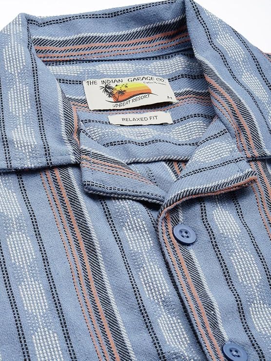 The Indian Garage Co Men Relaxed Fit Striped Half Sleeves Cuban Collar Resort Wear Shirt