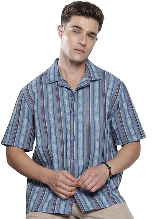 The Indian Garage Co Men Relaxed Fit Striped Half Sleeves Cuban Collar Resort Wear Shirt